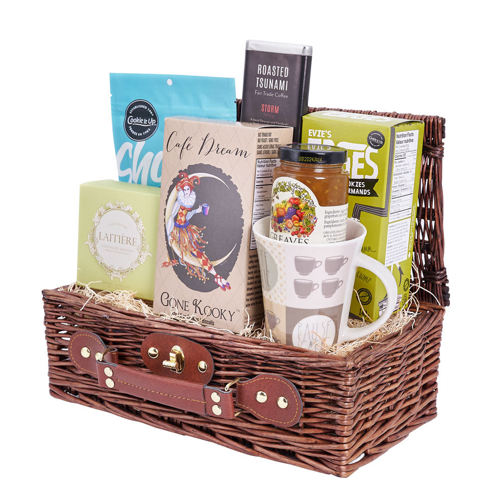 Bravely Bold Gourmet Coffee Gift Basket, fair-trade coffee, an assortment of delicious cookies, three-fruit marmalade, and more! Gourmet Gifts from Canada Blooms - Same Day Canada Delivery.