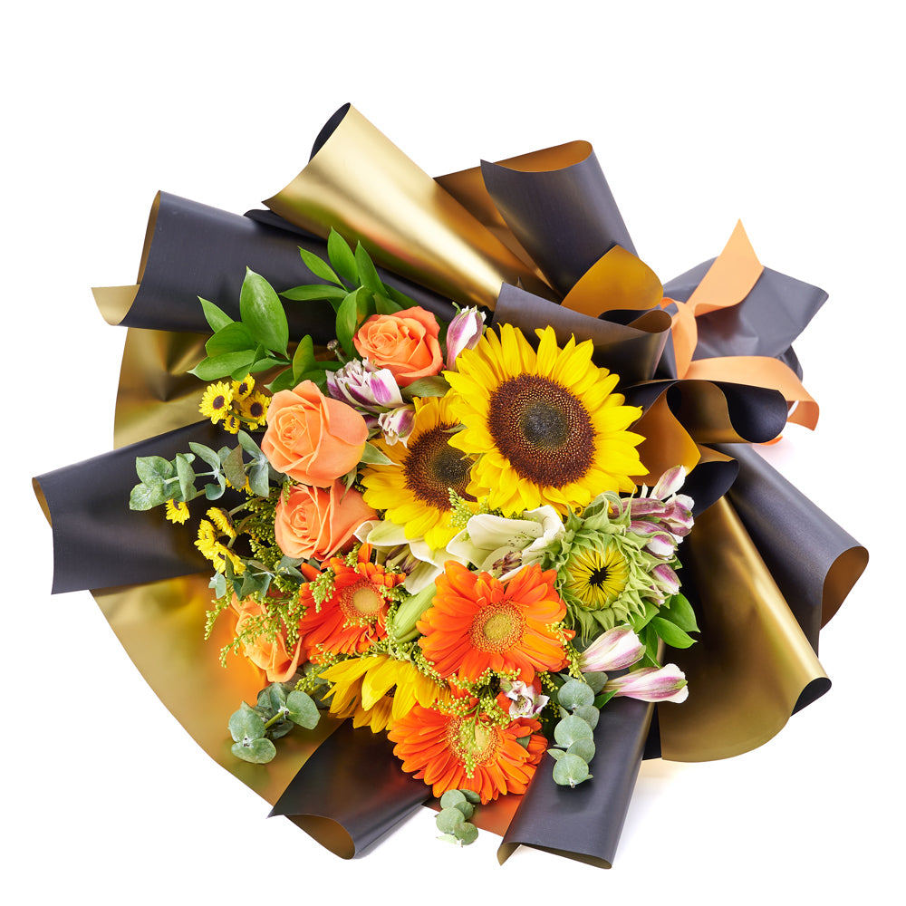 Let Your Light Shine Sunflower Bouquet, range of vibrant hues showcasing sunflowers, lilies, daisies, roses, alstroemeria, and more from Canada Blooms - Canada Delivery