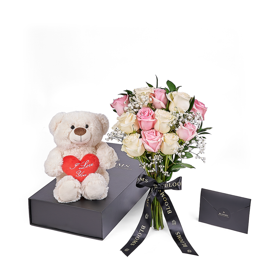 Valentine's Day 12 Stem Pink & White Rose Bouquet With Box & Bear, rose gift, rose, valentines day gift, valentines day, plush gift, plush, bear gift, bear, – Canada Blooms - Canada Delivery
