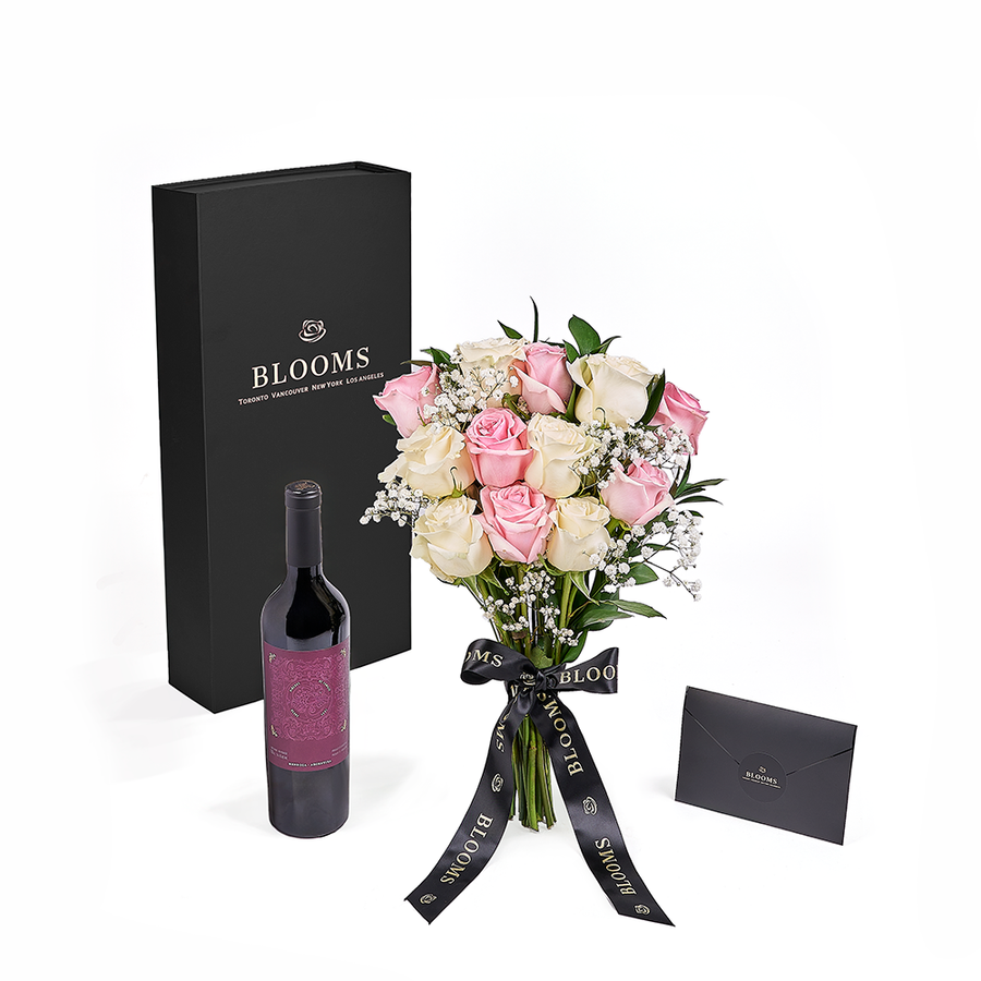 Valentine's Day 12 Stem Pink & White Rose Bouquet with Box & Wine, valentines day gift, valentines day, rose gift, rose, wine gift, wine, – Canada Blooms - Canada Delivery