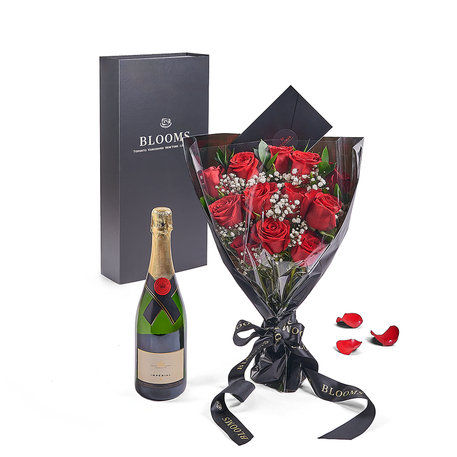 Valentine’s Day 12 Stem Red Rose Bouquet With Box & Champagne, Valentine's day gifts, – Canada Blooms - Canada Delivery