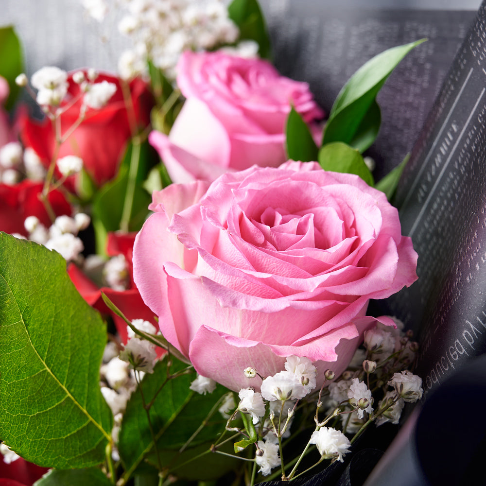 Valentine's Day 12 Stem Red & Pink Rose Bouquet With Box & Bear, – Canada Blooms - Canada Delivery