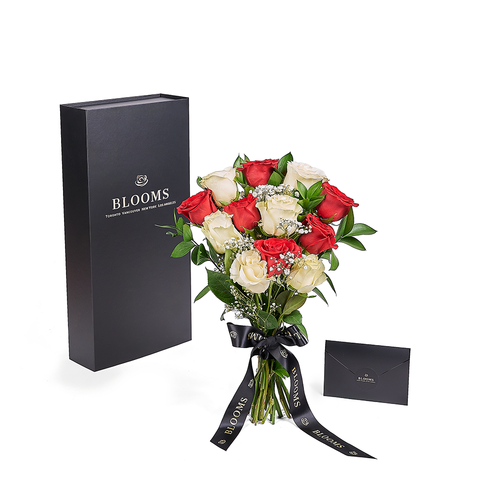 Valentine's Day 12 Stem Red & White Rose Bouquet With Box, – Canada Blooms - Canada Delivery