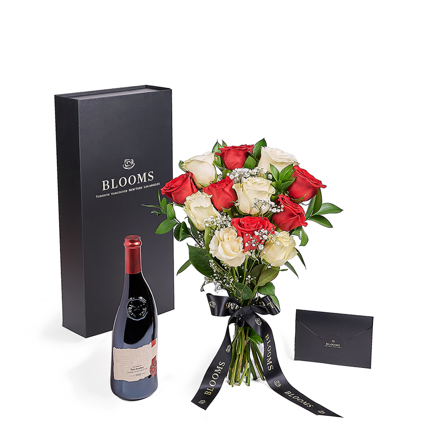 Valentine’s Day 12 Stem Red & White Rose Bouquet With Box & Wine, Valentine's Day gifts, roses, wine gifts, – Canada Blooms - Canada Delivery