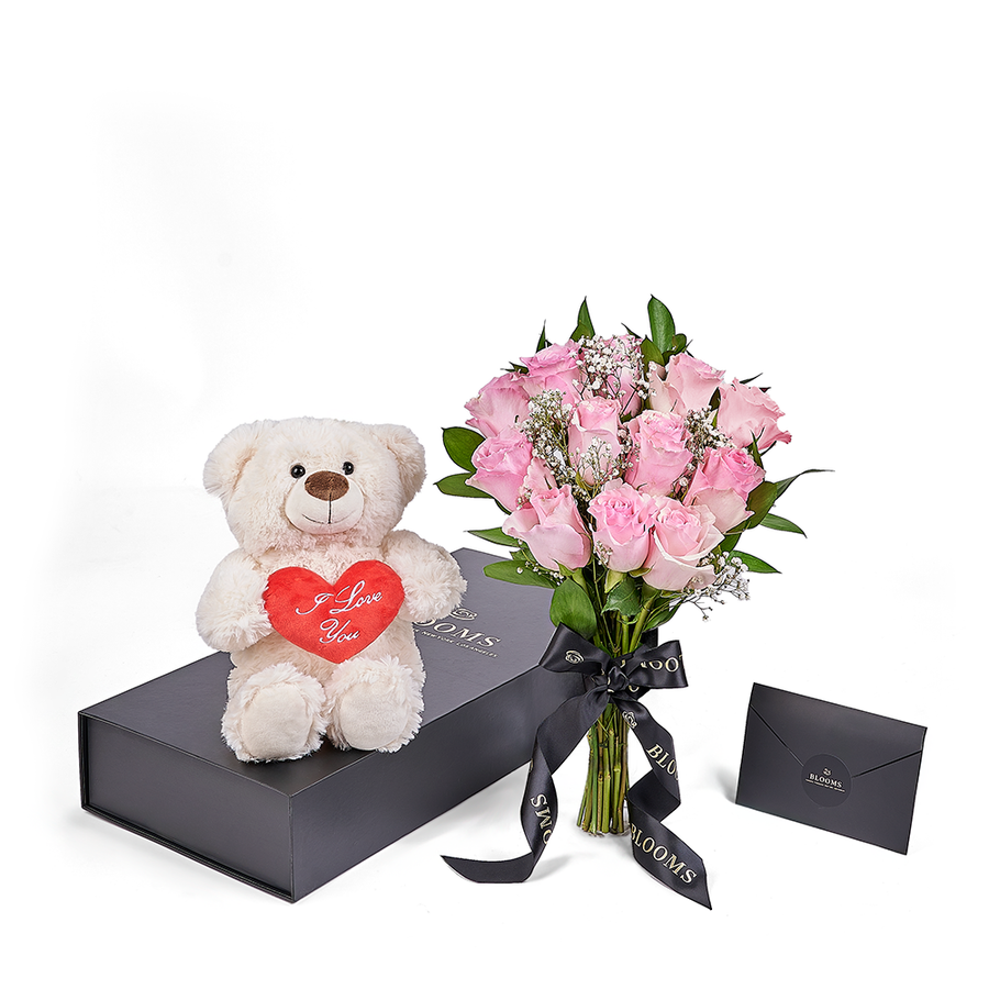 Valentine's Day 12 Stem Pink Rose Bouquet With Box & Bear, Valentine's Day gifts, Canada Same Day Flower Delivery, plush gifts. – Canada Blooms - Canada Delivery