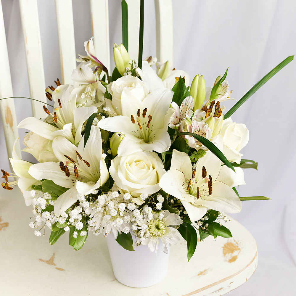 Everyday Luxury Flowers & Wine Gift, mixed bouquet of pristine white flowers accompanied by a bottle of fine wine, Wine Gifts from Canada Blooms - Same Day Canada Delivery.
