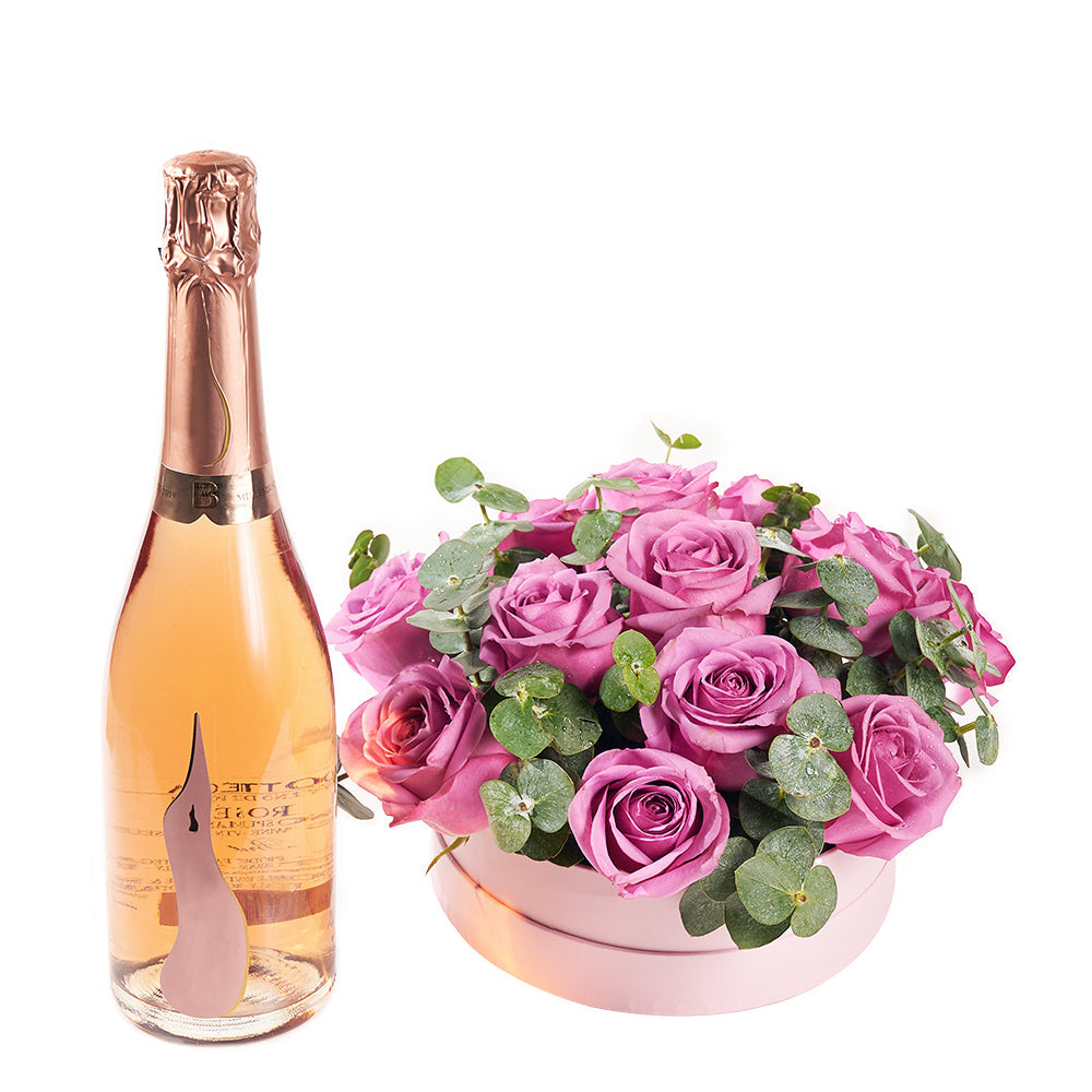 Luxe Passion Flowers and Champagne Gift, stunning floral arrangement in a pink hat box paired with champagne, Flower Gifts from Canada Blooms - Canada Delivery