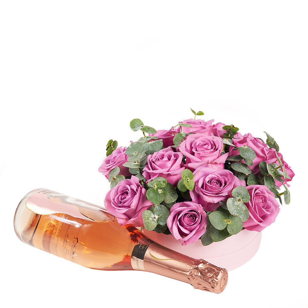 Luxe Passion Flowers and Champagne Gift, stunning floral arrangement in a pink hat box paired with champagne, Flower Gifts from Canada Blooms - Canada Delivery