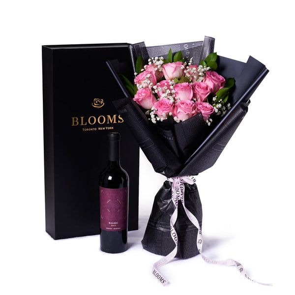 Valentines Day 12 Stem Pink Rose Bouquet With Box & Wine