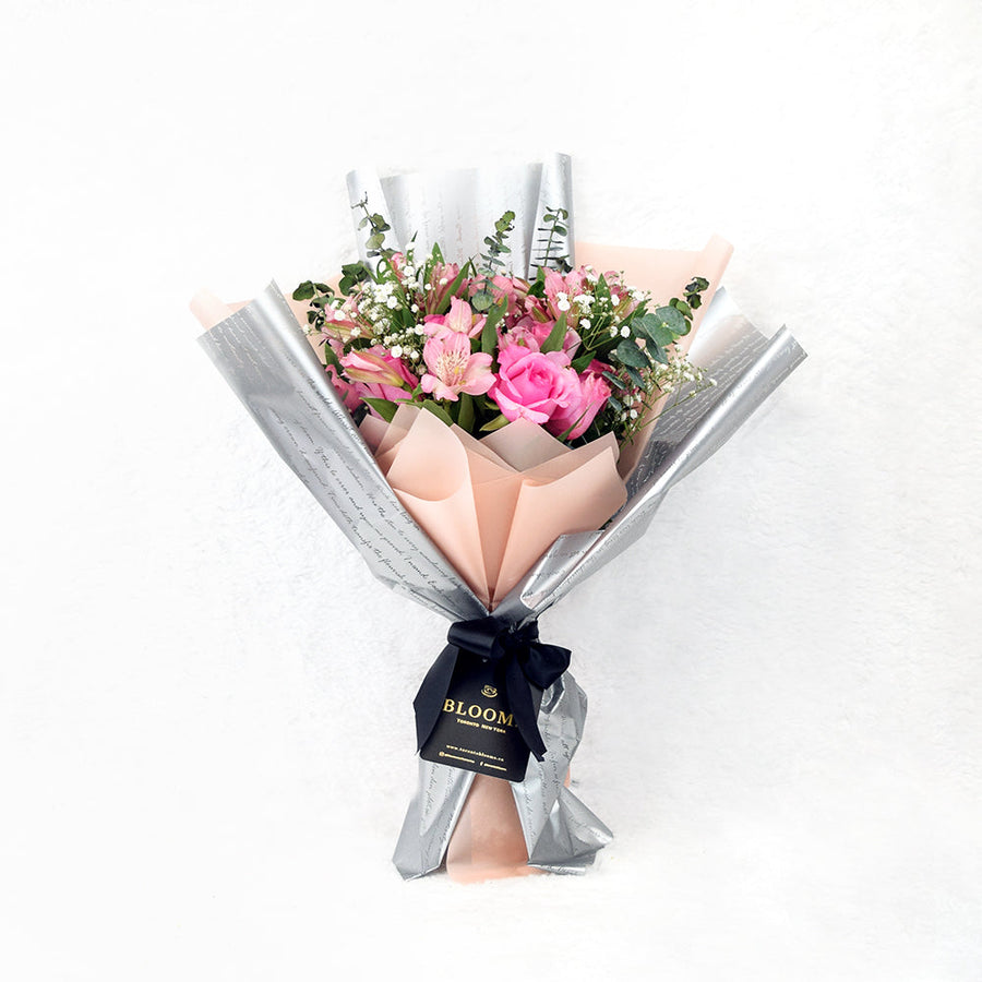A Classy Affair Flowers & Prosecco Gift, Pink rose bouquet with light pink filler flowers, Italian sparkling wine, Flower Gifts from Blooms Canada - Same Day Canada Delivery.
