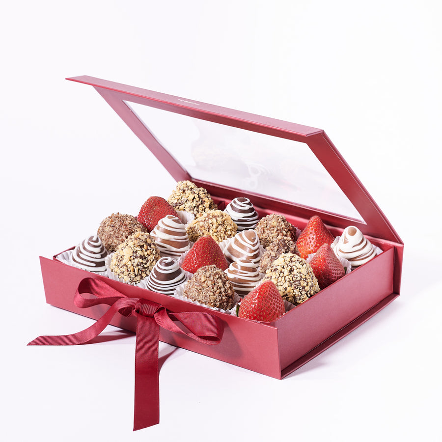 Assorted Chocolate Dipped Strawberry Gift Box, variety of strawberries adorned with chocolate and nuts to cater to different tastes, Fruit Gifts from Blooms Canada - Same Day Canada Delivery.
