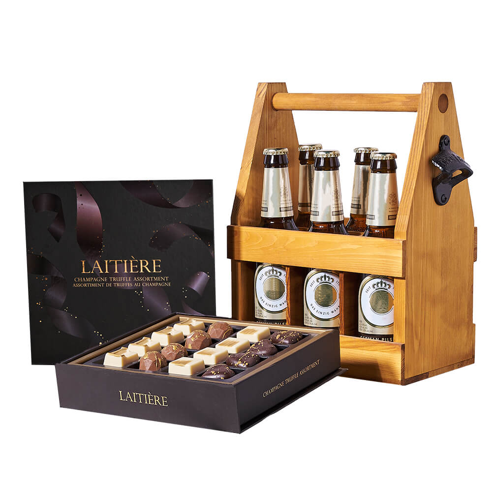 Beer & Truffle Graduation Gift, six beers, a box of champagne-inspired chocolate truffles, and a six-slot wooden bottle carrier with a built-in bottle opener, Gift Sets from Canada Blooms - Same Day Canada Delivery.