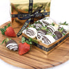 Berry Drizzle Chocolate Dipped Strawberries, 9 strawberries covered in dark chocolate and milk chocolate and drizzled with white and dark chocolate on top. These strawberries come packed in a stylized gold coloured box for gifting, Fruit Gifts from Blooms Canada - Same Day Canada Delivery.