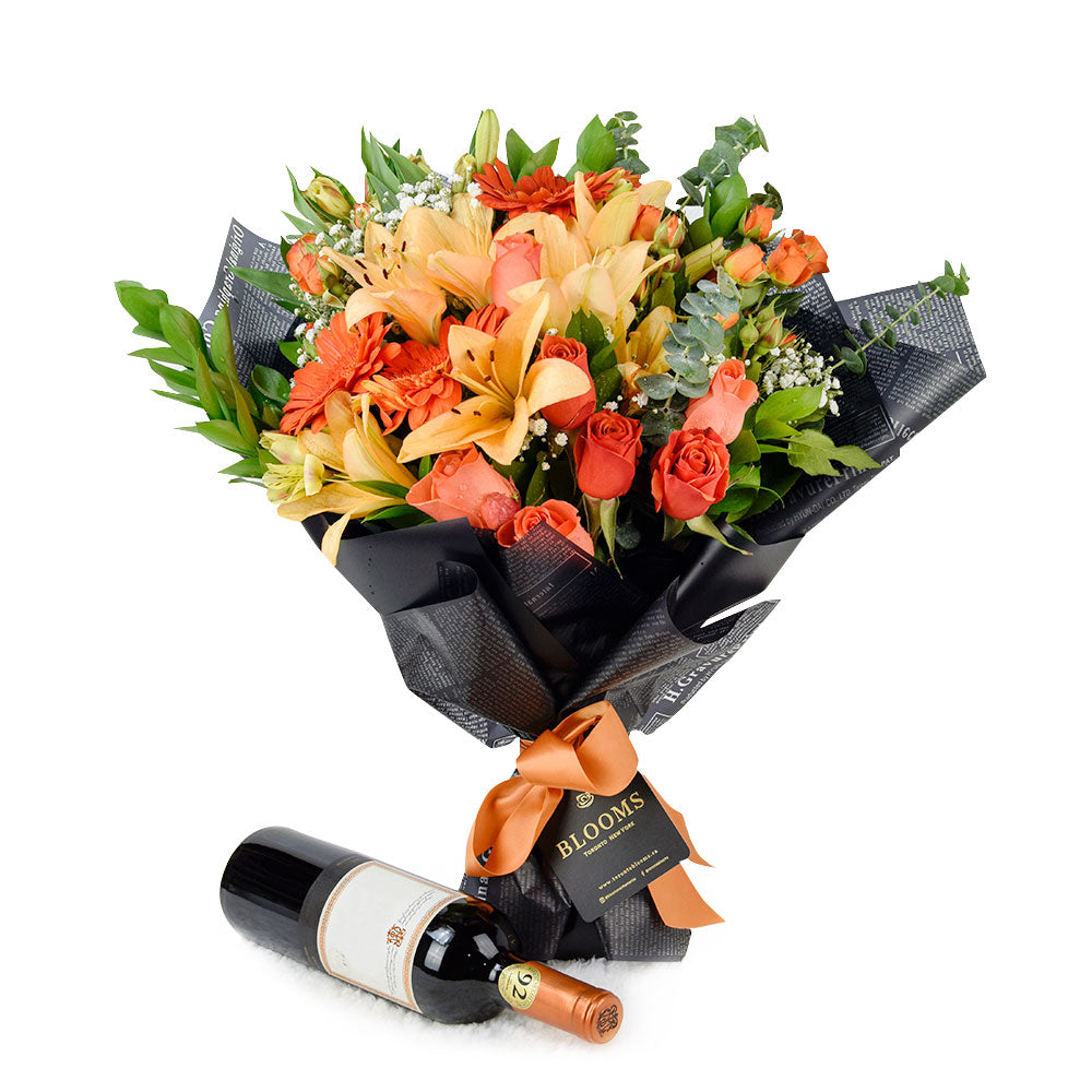 Mixed rose bouquet in red, yellow, and orange. Same Day.Blooms Canada- Blooms Canada Delivery