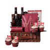 Big Brew Canada Day Gift, two large specialty beers, maple syrup, coffee, milk chocolate raisins, milk chocolate peanut bark, sweet heat beef jerky, four red velvet Canada Day cupcakes, all beautifully arranged in a large wicker basket, Gift Baskets from Blooms Canada - Same Day Canada Delivery.
