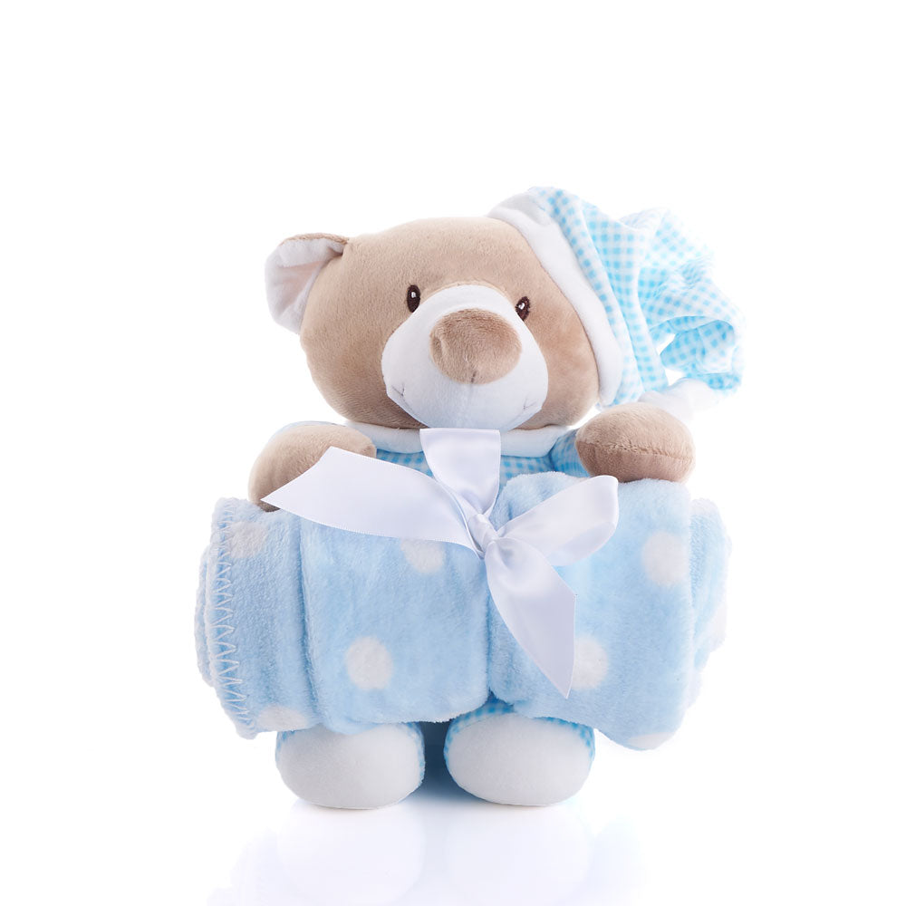 Blue Hugging Blanket Bear, Soft and plush, this stuffed bear toy hugs a blue baby blanket, Baby Gifts from Canada Blooms - Same Day Canada Delivery.