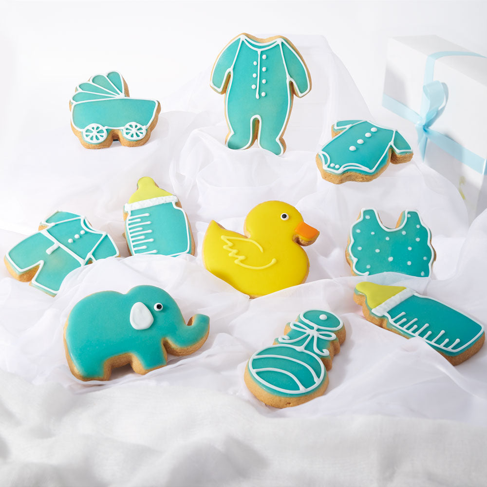 Blue Welcome Baby Cookie Gift Box, box of fresh-baked and hand-decorated cookies featuring baby-themed shapes. This set comes with 10 cookies, Baby Gifts from Canada Blooms - Same Day Canada Delivery.