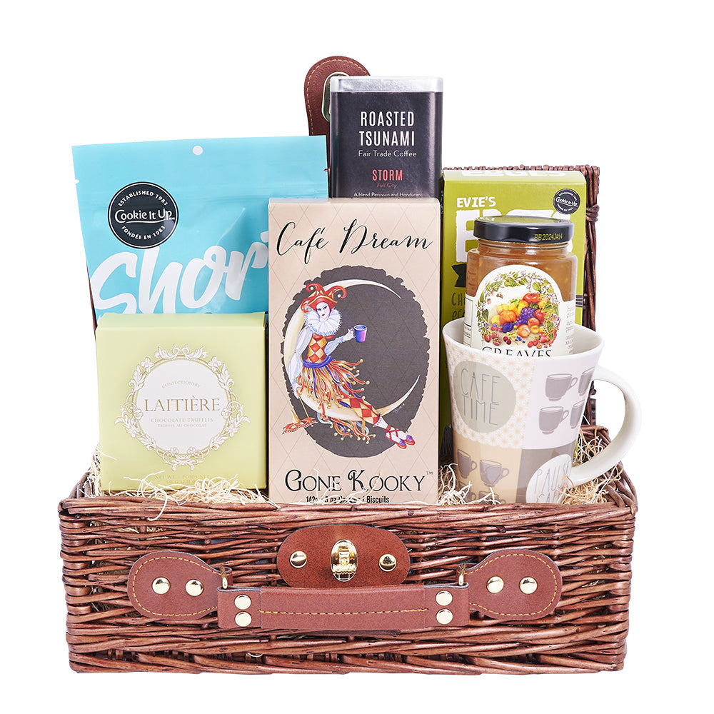 Bravely Bold Gourmet Coffee Gift Basket, fair-trade coffee, an assortment of delicious cookies, three-fruit marmalade, and more! Gourmet Gifts from Canada Blooms - Same Day Canada Delivery.
