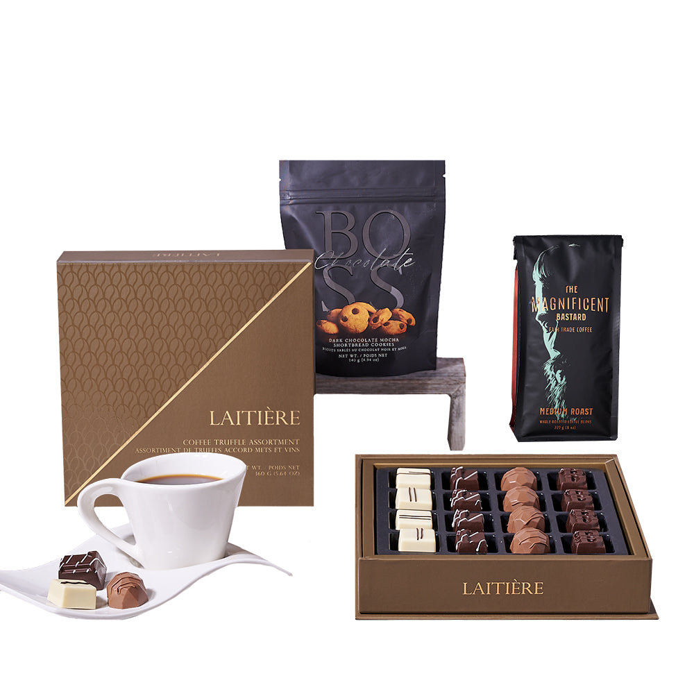 Café & Chocolate Gift Set, charming cup and saucer, a flavorful medium roast coffee, indulgent coffee ganache truffles, and decadent dark chocolate chip mocha shortbread cookies, Gift Sets from Canada Blooms - Same Day Canada Delivery.