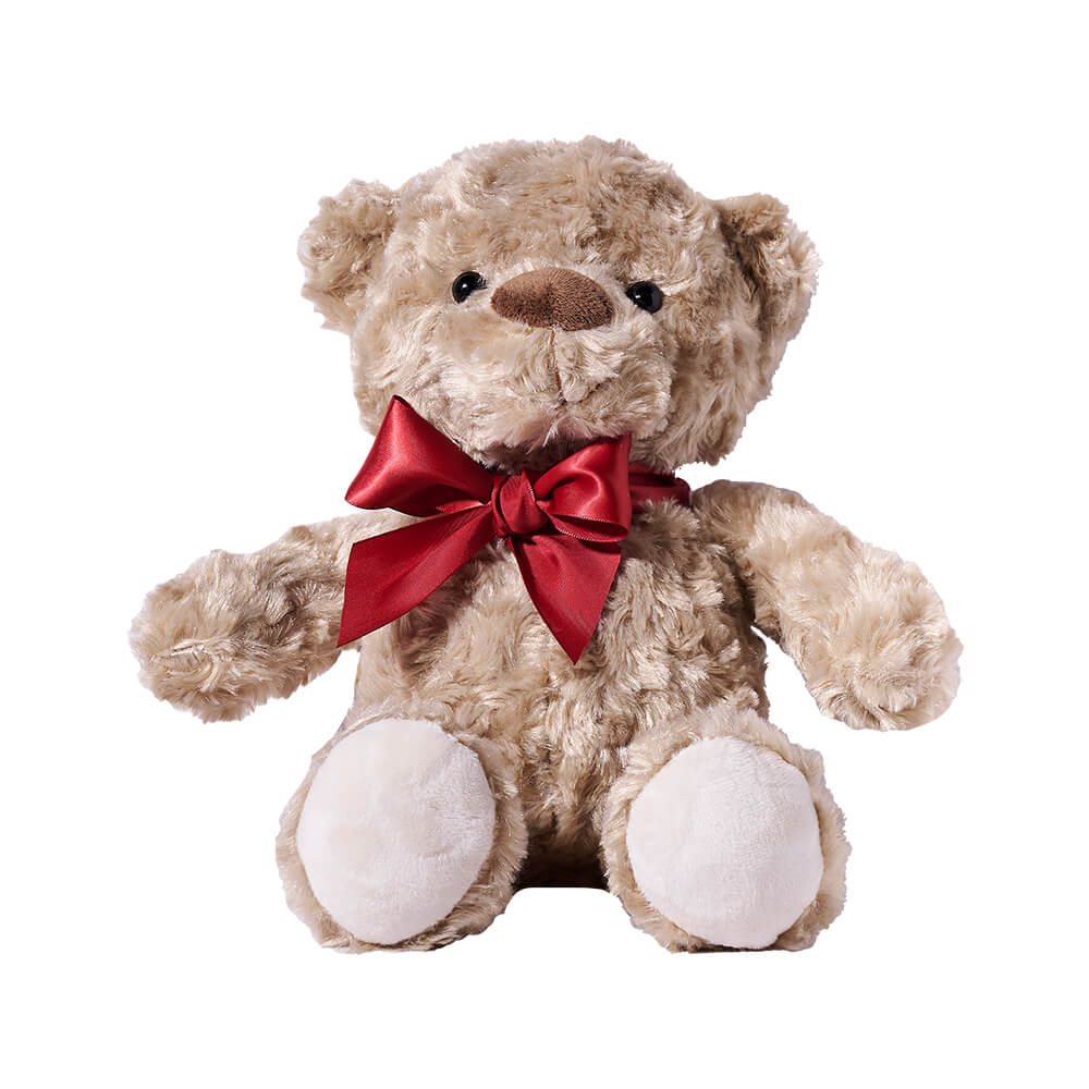 Canada Day Bear, Standing at 10 inches tall, soft brown bear sports a red ribbon around its neck, Canada Day Teddy from Canada Blooms - Same Day Canada Delivery.