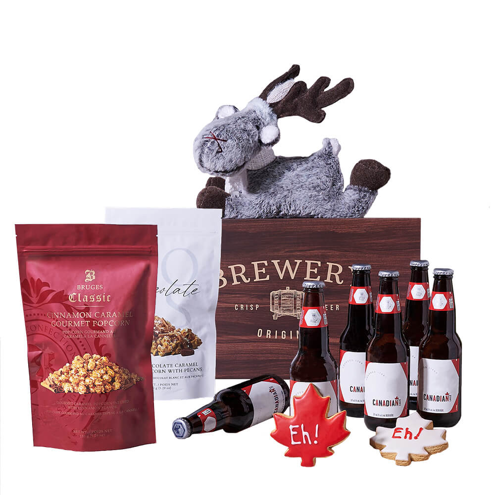 Canada Day Brews & Snacks Gift, six beers, two Canada Day maple leaf cookies, cinnamon caramel gourmet popcorn, white chocolate caramel pretzel popcorn, a charming moose plush, and a beverage box that accommodates six drinks, Gift sets from Canada Blooms - Same Day Canada Delivery.