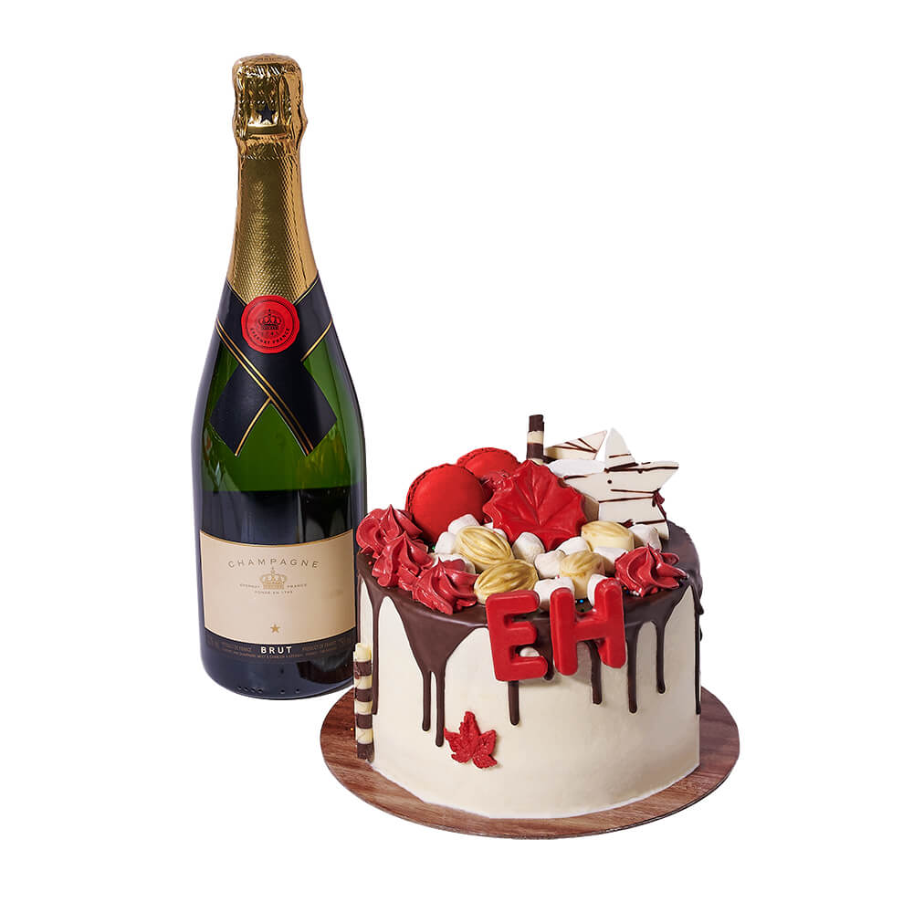 Canada Day Cake & Bubbly Gift, decadent six-inch red velvet cake adorned with delightful Canada-themed decorations, accompanied by a bottle of sparkling wine, Cake Gifts from Canada Blooms - Same Day Canada Delivery.