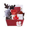 Canada Day Moose & Tea Gift, plush moose, milk chocolate chip shortbread cookies, pure maple syrup, a bar of white chocolate, cinnamon tea, assorted white chocolate truffles, two Canada Day maple leaf cookies, all presented in a red gift tray, Gift Sets from Blooms Canada - Same Day Canada Delivery.