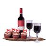Canada Day Wine Gift Set, bottle of wine, two wine glasses, four delectable red velvet Canada Day cupcakes, and a live-edge serving board, Gift Sets from Blooms Canada - Same Day Canada Delivery.