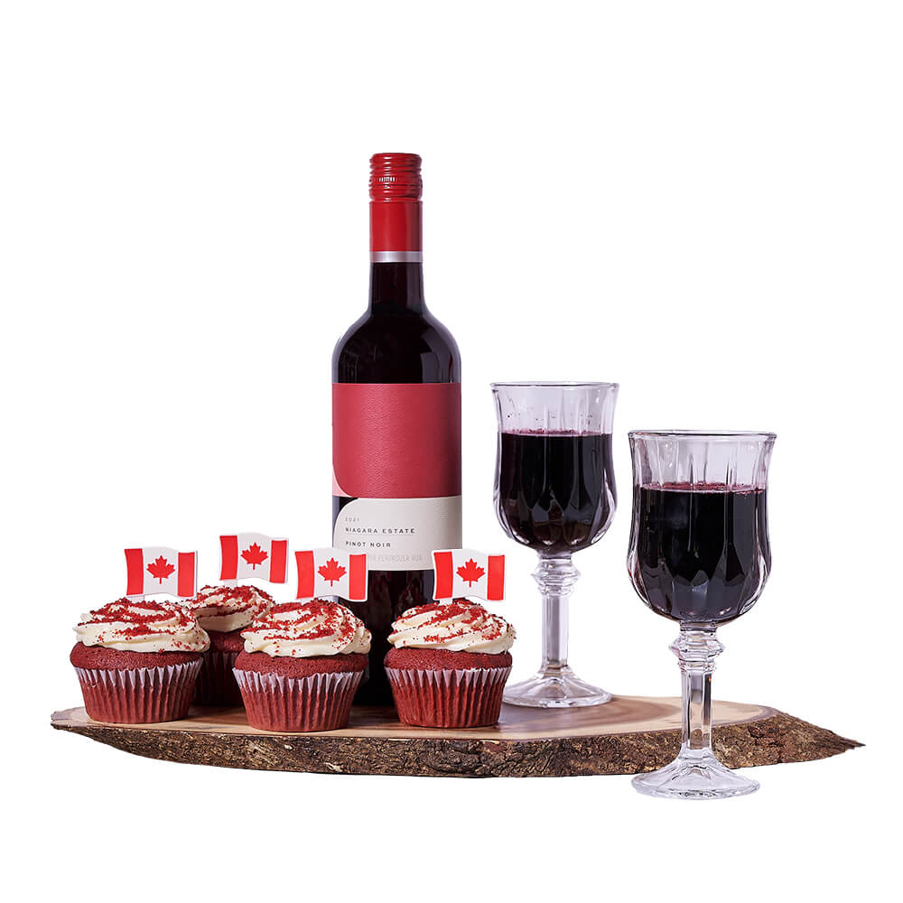 Canada Day Wine Gift Set, bottle of wine, two wine glasses, four delectable red velvet Canada Day cupcakes, and a live-edge serving board, Gift Sets from Canada Blooms - Same Day Canada Delivery.