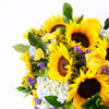 Charming Amber Sunflower Arrangement, sunflower, hydrangea, statice, roses, alstroemeria, spray roses, and greens in a tall green designer box, Flower Gifts from Blooms Canada - Same Day Canada Delivery.