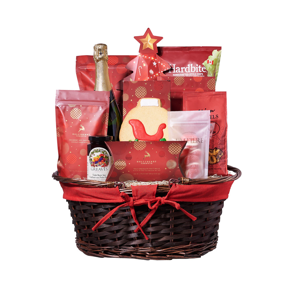 Gourmet Christmas Goodies Champagne Gift Basket, chocolate, champagne, champagne gift basket, gift basket, basket, gift, goodies, christmas, holiday, pretzel, popcorn, chips, shortbread, cookies, – Canada Blooms Delivery