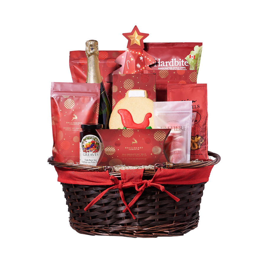 Gourmet Christmas Goodies Champagne Gift Basket, chocolate, champagne, champagne gift basket, gift basket, basket, gift, goodies, christmas, holiday, pretzel, popcorn, chips, shortbread, cookies, delivery, Blooms Canada Delivery