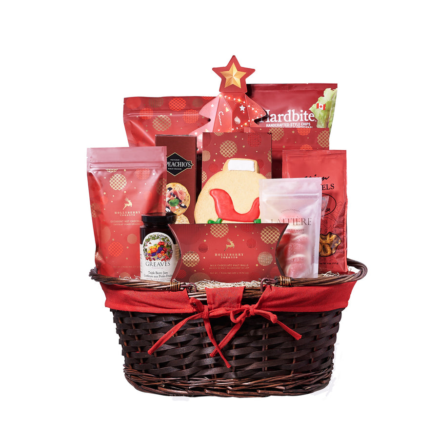 Christmas Delights Gift Basket, Christmas Gift Baskets, Gourmet Gift Baskets, Chocolate Gift Baskets, Xmas Gift Baskets, Chocolates, Chips, Crackers, Popcorn, Candy, Jam, Pretzels,Blooms Canada Delivery