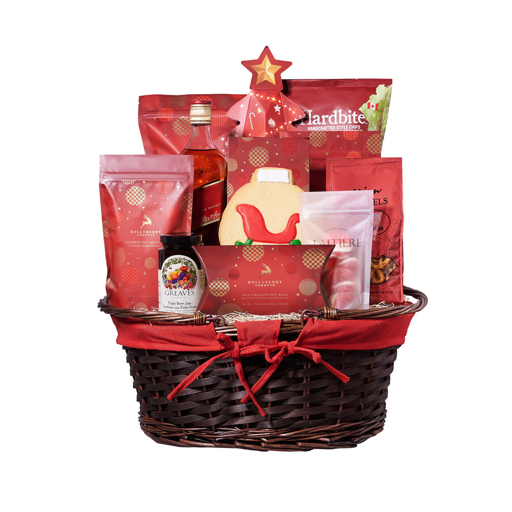 Christmas Delights Liquor Gift Basket, Liquor Gift Baskets, Gourmet Gift Baskets, Chocolate Gift Baskets, Xmas Gifts, Liquor , Cookies, Pretzels, Chocolates, Jam, Popcorn, Chips, Christmas Gift Baskets – Canada Blooms Delivery