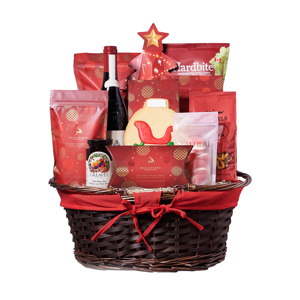 Christmas Delights Wine Gift Basket, Wine Gift Baskets, Gourmet Gift Baskets, Chocolate Gift Baskets, Xmas Gifts, Wine, Cookies, Pretzels, Chocolates, Jam, Popcorn, Chips, Christmas Gift Baskets – Canada Blooms Delivery