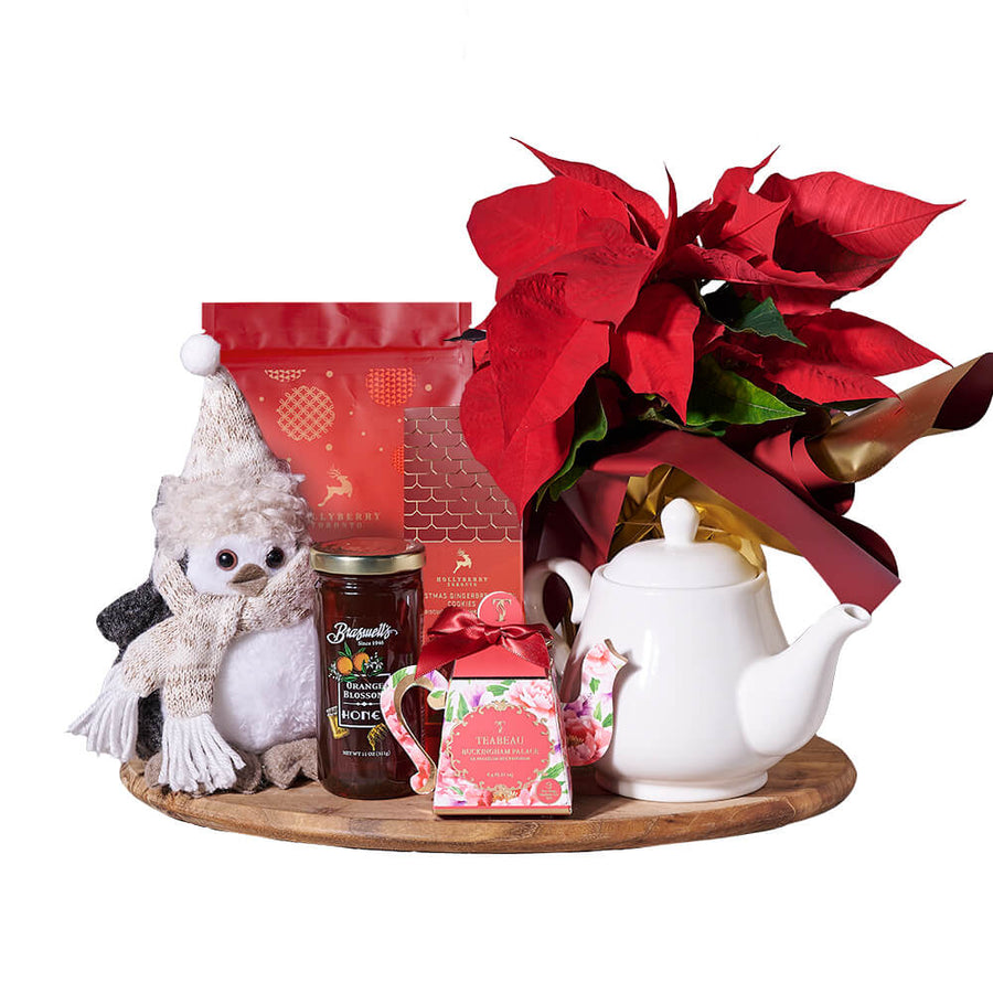 Christmas Poinsettia & Tea Gift Set, christmas gift, christmas, holiday gift, holiday, gourmet gift, gourmet, plant gift, plant. Blooms Canada- Blooms Canada Delivery