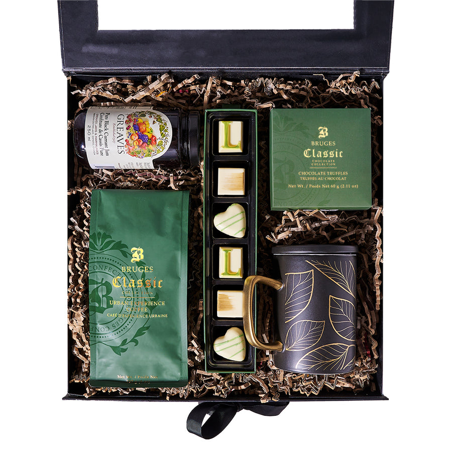 Coffee & Truffle Gift Box, black currant jam, an assortment of chocolate truffles, white chocolate truffles, urban experience coffee, a stylish black & gold mug, all elegantly presented in a gift box, Gift Box from Blooms Canada - Same Day Canada Delivery.