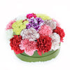 Colourful Radiance Flower Box Set, Brimming with carnations in rare and unique hues, Lovely selection of mixed carnations and ruscus in a short green designer hat box, Flower Gifts from Blooms Canada - Same Day Canada Delivery.