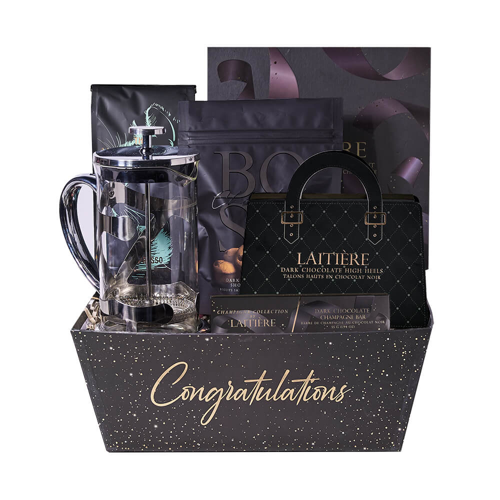 Congrats Grad! Coffee Break Gift, dark chocolate high heels, coffee beans, champagne-inspired chocolate truffles, a champagne-inspired chocolate bar, chocolate chip mocha cookies, a beautiful French press coffee maker, Gift Sets from – Canada Blooms - Canada Delivery