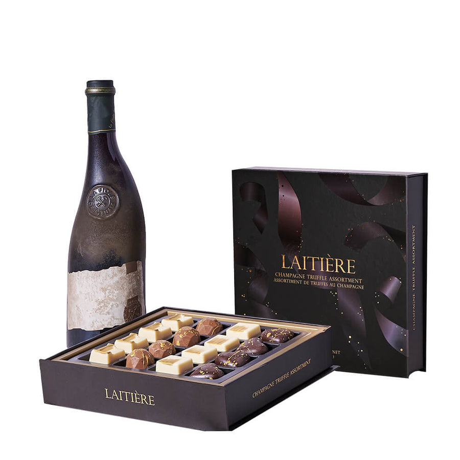 Congrats Wine & Truffle Graduate Gift, bottle of wine paired with a box of champagne-inspired chocolate truffles, Gift Sets from Blooms Canada - Same Day Canada Delivery.