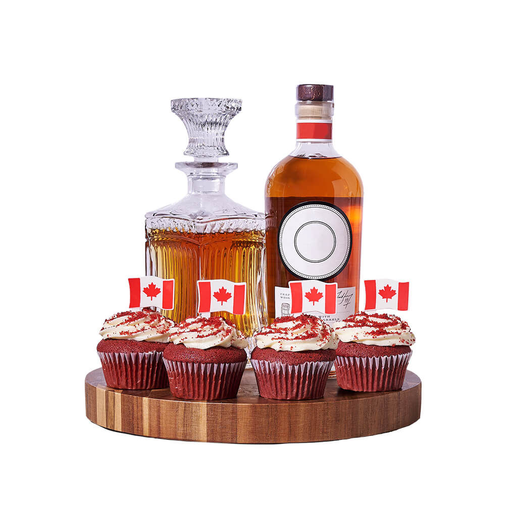 Decanter & Cupcake Canada Day Gift, bottle of liquor, an elegant glass decanter, four scrumptious red velvet Canada Day cupcakes, and an end-grain cutting board, Gift Sets from Canada Blooms - Canada Delivery