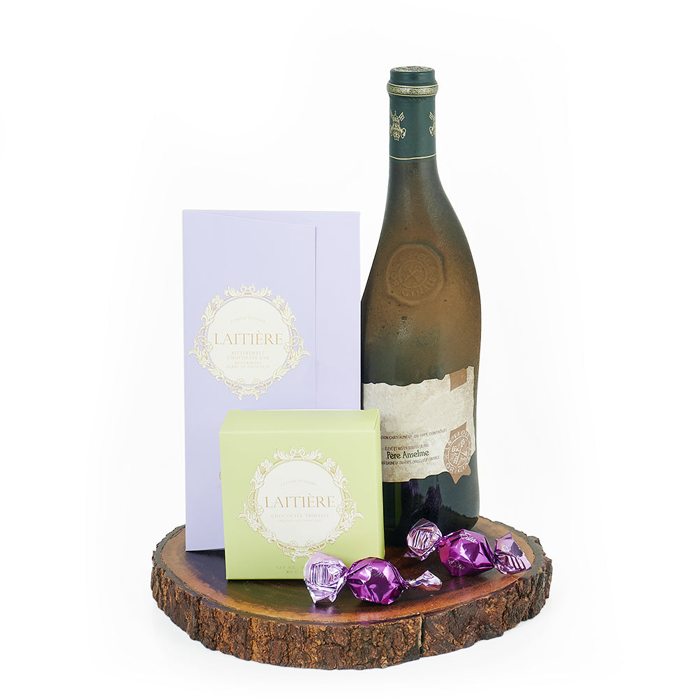 Deluxe Wine Pairing Chocolate Gift, box of gourmet truffles, a 60% bittersweet chocolate bar, a bottle of wine, and a serving board, Wine Gifts from Canada Blooms - Canada Delivery
