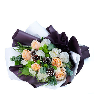Elegant Winter Mixed Bouquet, roses, chrysanthemums, pine cones, and greens gathered in a floral wrap and tied with designer ribbon, Flower gifts from Blooms Canada - Same Day Canada Delivery.