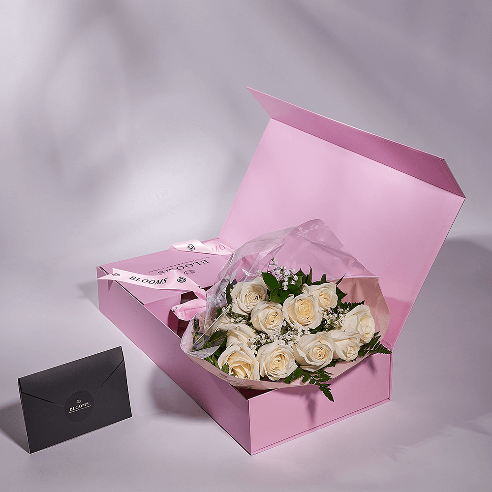 Enduring White Rose Bouquet & Box, floral gifts, rose gifts, gifts, roses, – Canada Blooms - Canada Delivery