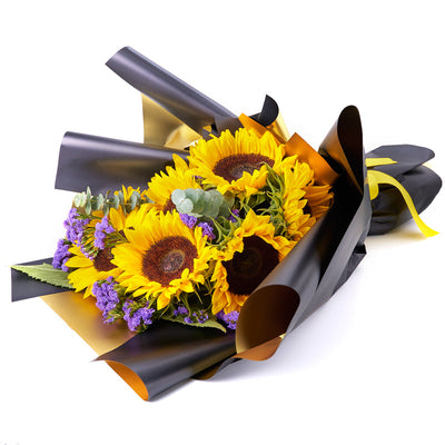 Golden Grace Sunflower Bouquet, selection of sunflowers, statice, and eucalyptus in a floral wrap and tied with designer ribbon, Flower Gifts from Blooms Canada - Same Day Canada Delivery.