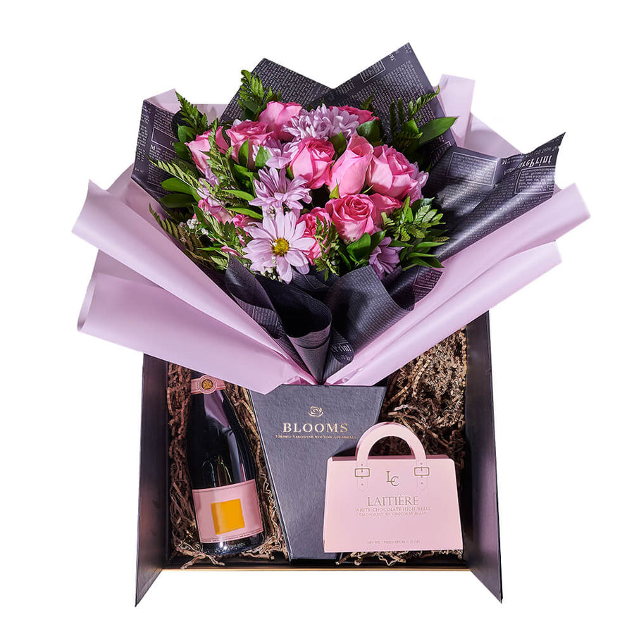 Gorgeous Chocolate & Mixed Bouquet Gift Set, bottle of sparkling wine, white chocolate high heels, a beautiful mixed bouquet of roses and daisies, and a bouquet box, Flower Gifts from Canada Blooms - Canada Delivery