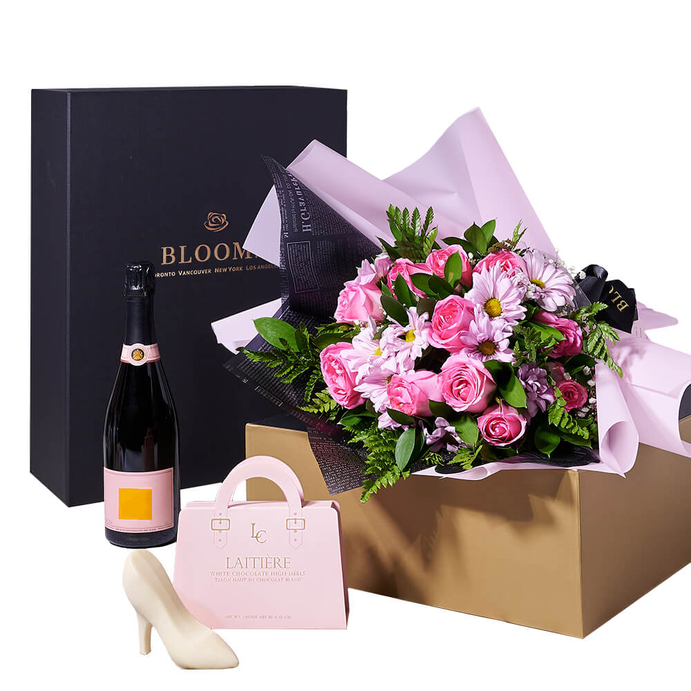 Gorgeous Chocolate & Mixed Bouquet Gift Set, bottle of sparkling wine, white chocolate high heels, a beautiful mixed bouquet of roses and daisies, and a bouquet box, Flower Gifts from Canada Blooms - Canada Delivery