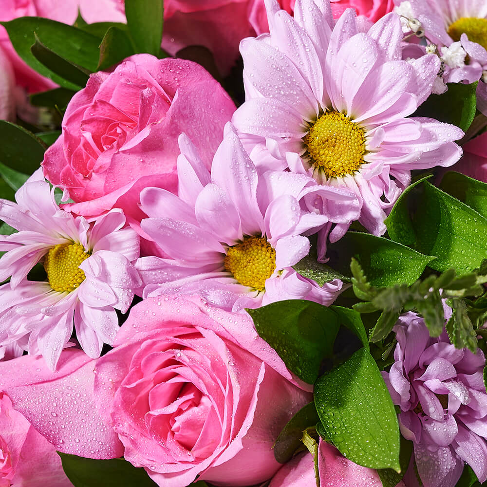 Gorgeous Chocolate & Mixed Bouquet Gift Set, bottle of sparkling wine, white chocolate high heels, a beautiful mixed bouquet of roses and daisies, and a bouquet box, Flower Gifts from Canada Blooms - Canada Delivery