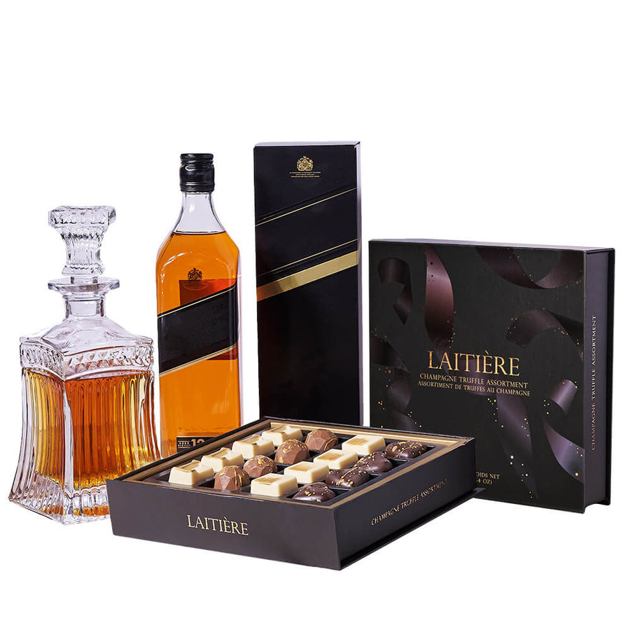 Graduating in High Spirits Gift, bottle of liquor, a box of decadent champagne-inspired chocolate truffles, and a glass decanter, Gift Sets from Blooms Canada - Same Day Canada Delivery.