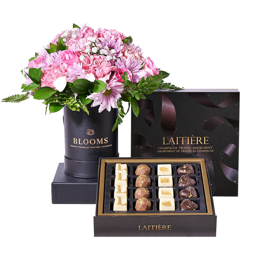 Graduation Arrangement & Truffle Gift, box of champagne-inspired chocolate truffles and a stunning floral arrangement featuring pink roses, daisies, carnations, Gourmet Gifts from Blooms Canada - Same Day Canada Delivery.